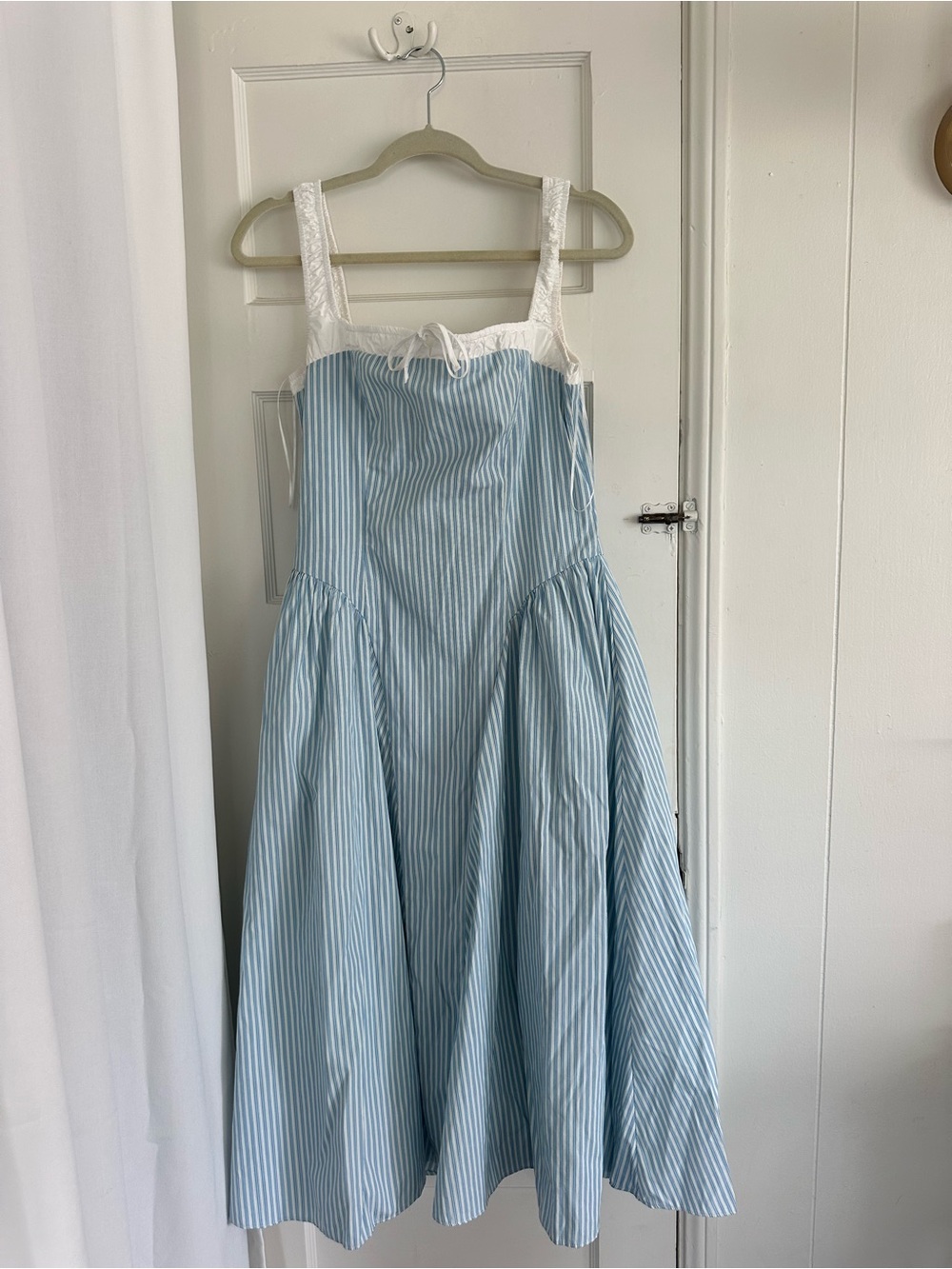 Astr Light Blue and White Striped Sundress with Lace Straps